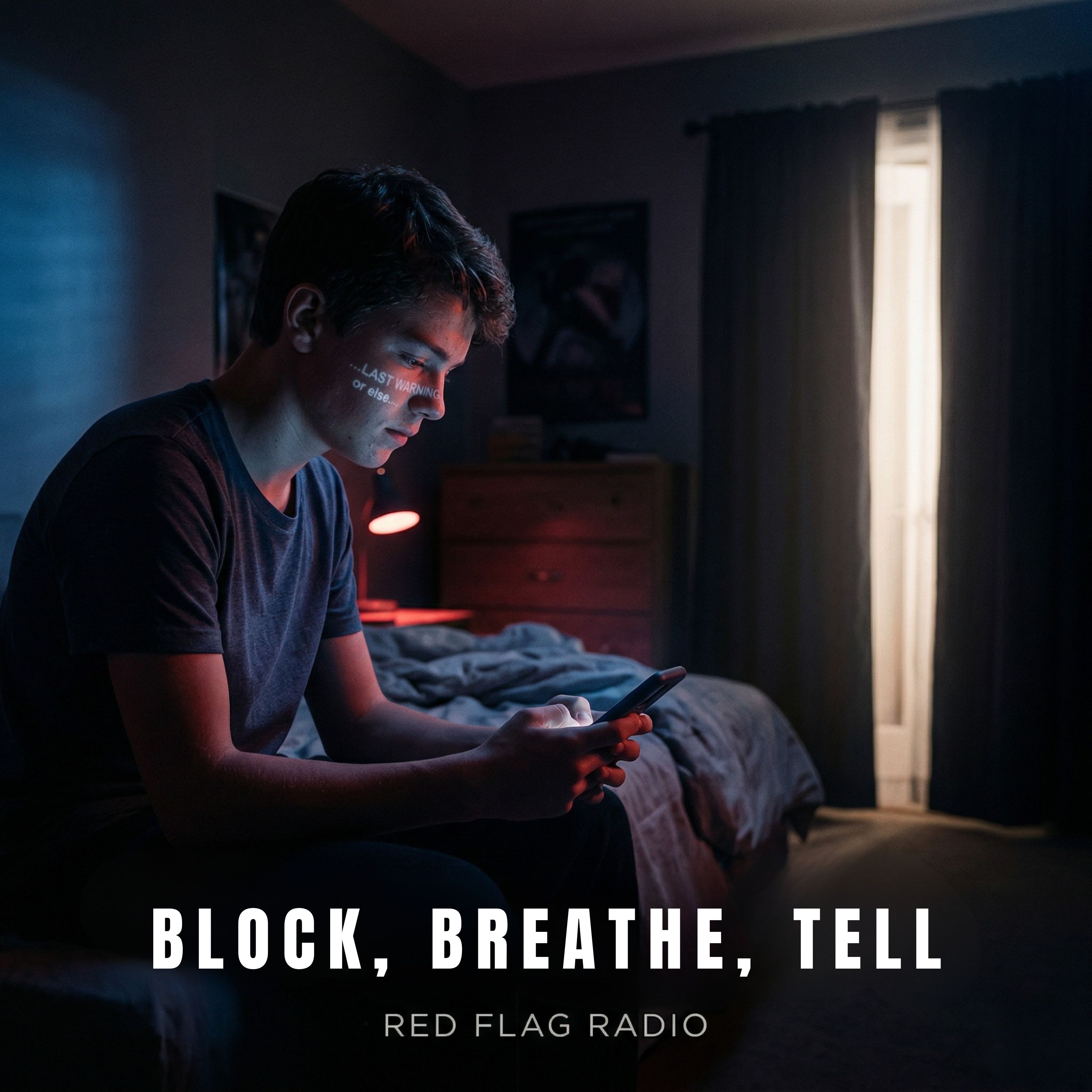 Block, Breathe, Tell — Red Flag Radio single cover. A young man sits alone in a dark room looking at his phone.